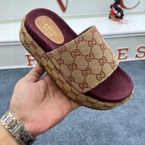 GUCCI Monogram Angelina Platform Sandals Slides
